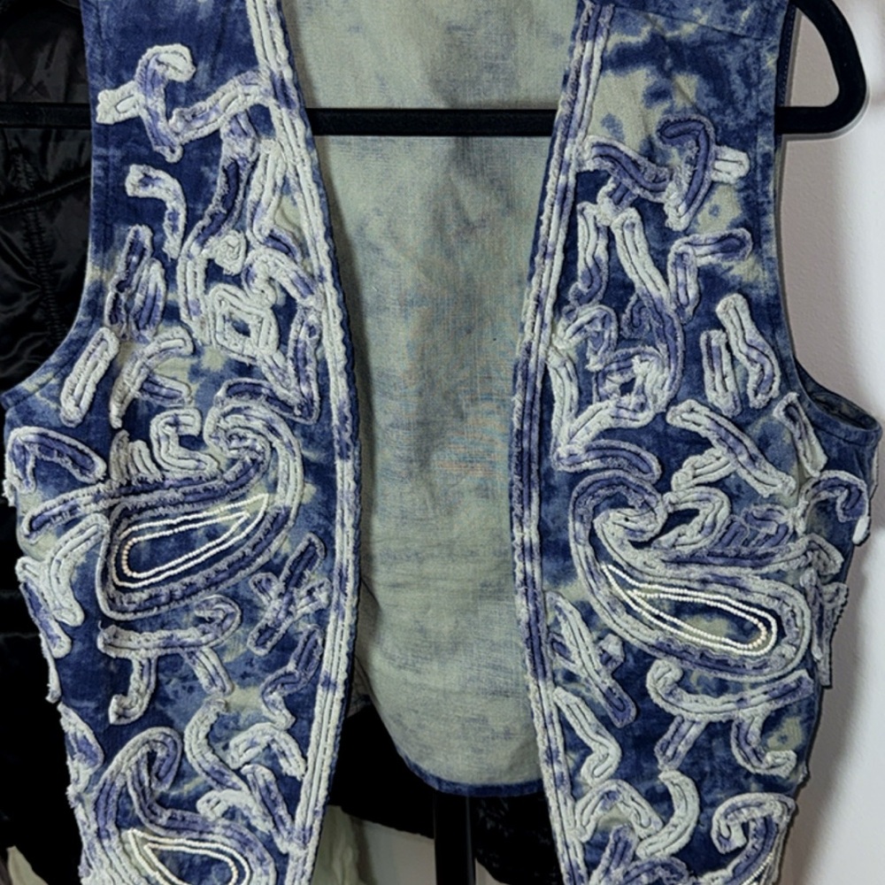 Chico's Denim and White Embroidered Vest